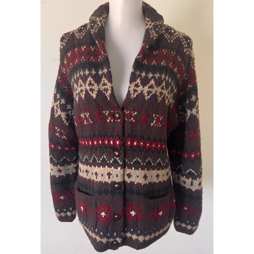 VTG Ralph Lauren Hand Knit Lambswool/Wool Aztec Cardigan Sweater Womens Small - Picture 2 of 11